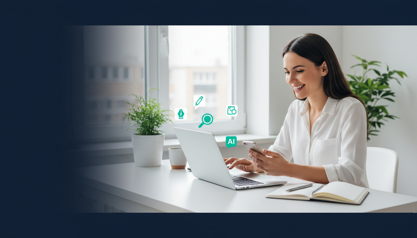 Smiling woman at a sunny home desk comparing AI tools on her laptop, with organized task icons and a notebook.