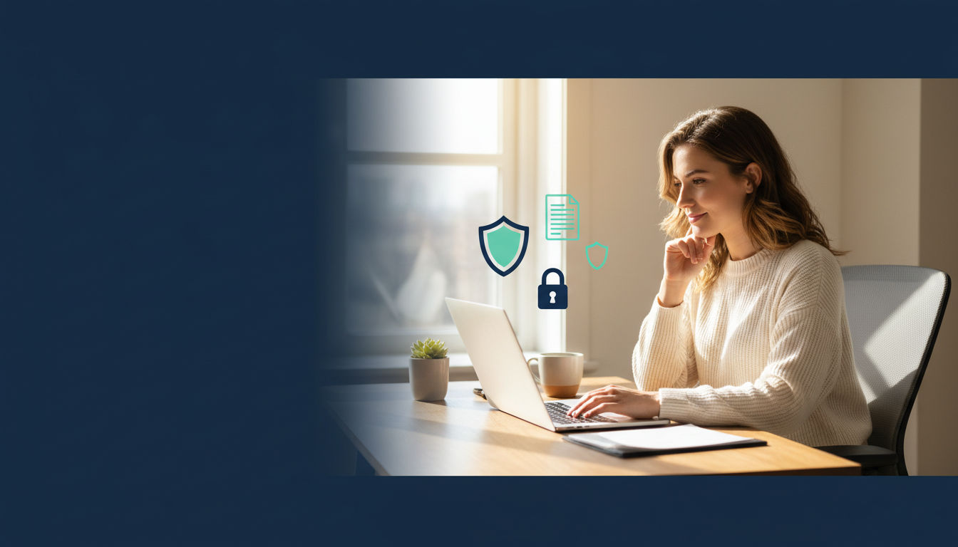 Thoughtful young professional reviewing file privacy settings before using a laptop AI assistant.