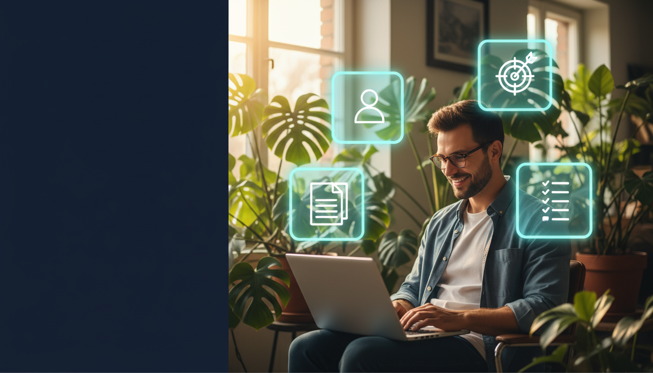 Professional man planning a clear AI request with a laptop and four organized concept cards at a bright desk.