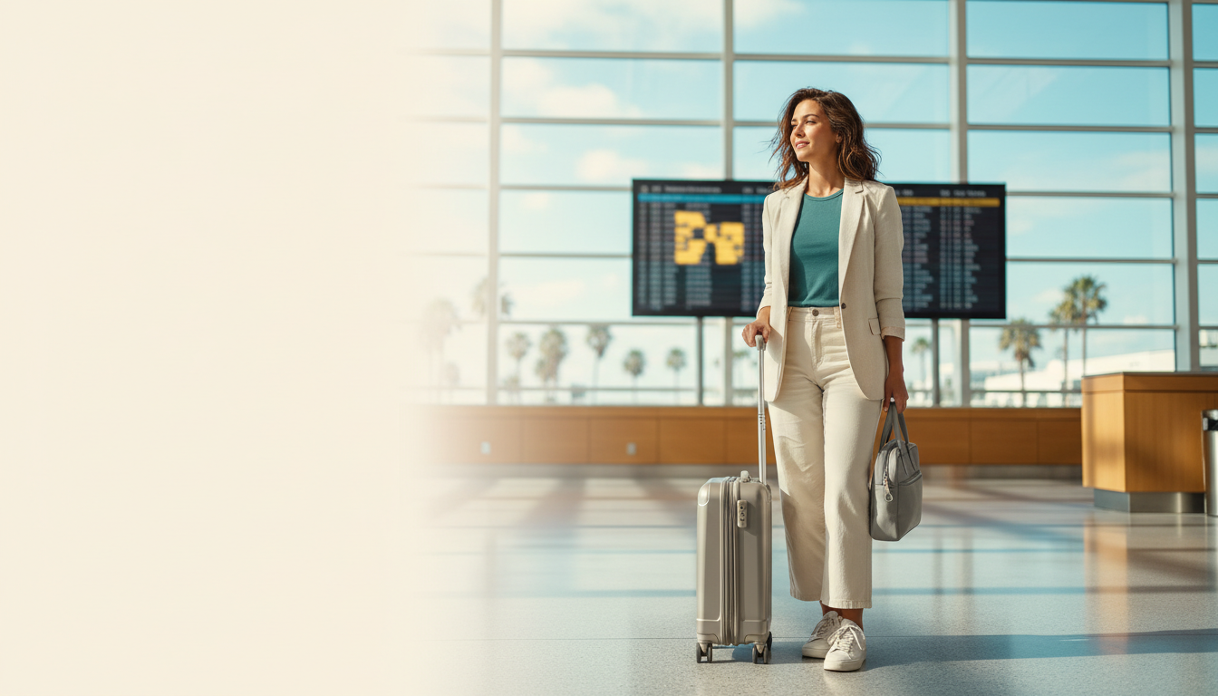 Relaxed American traveler reviews airline details on a laptop inside a bright airport terminal.