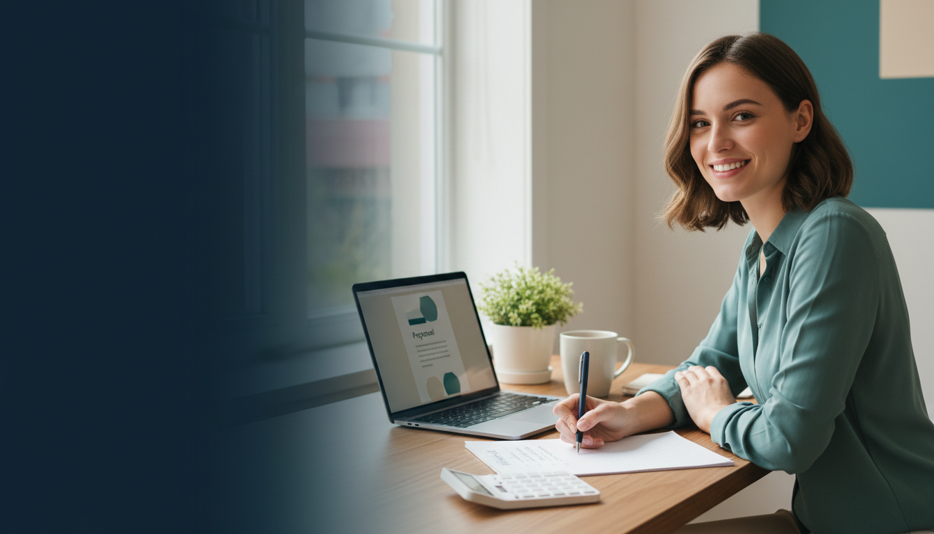 Young freelancer preparing a client service quote at a cheerful home-office desk
