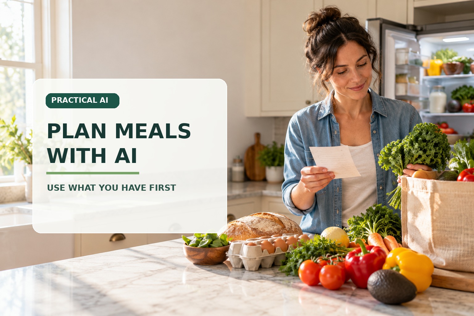 A woman checks fresh groceries in a bright home kitchen; the image headline reads Plan Meals With AI and Use What You Have First.